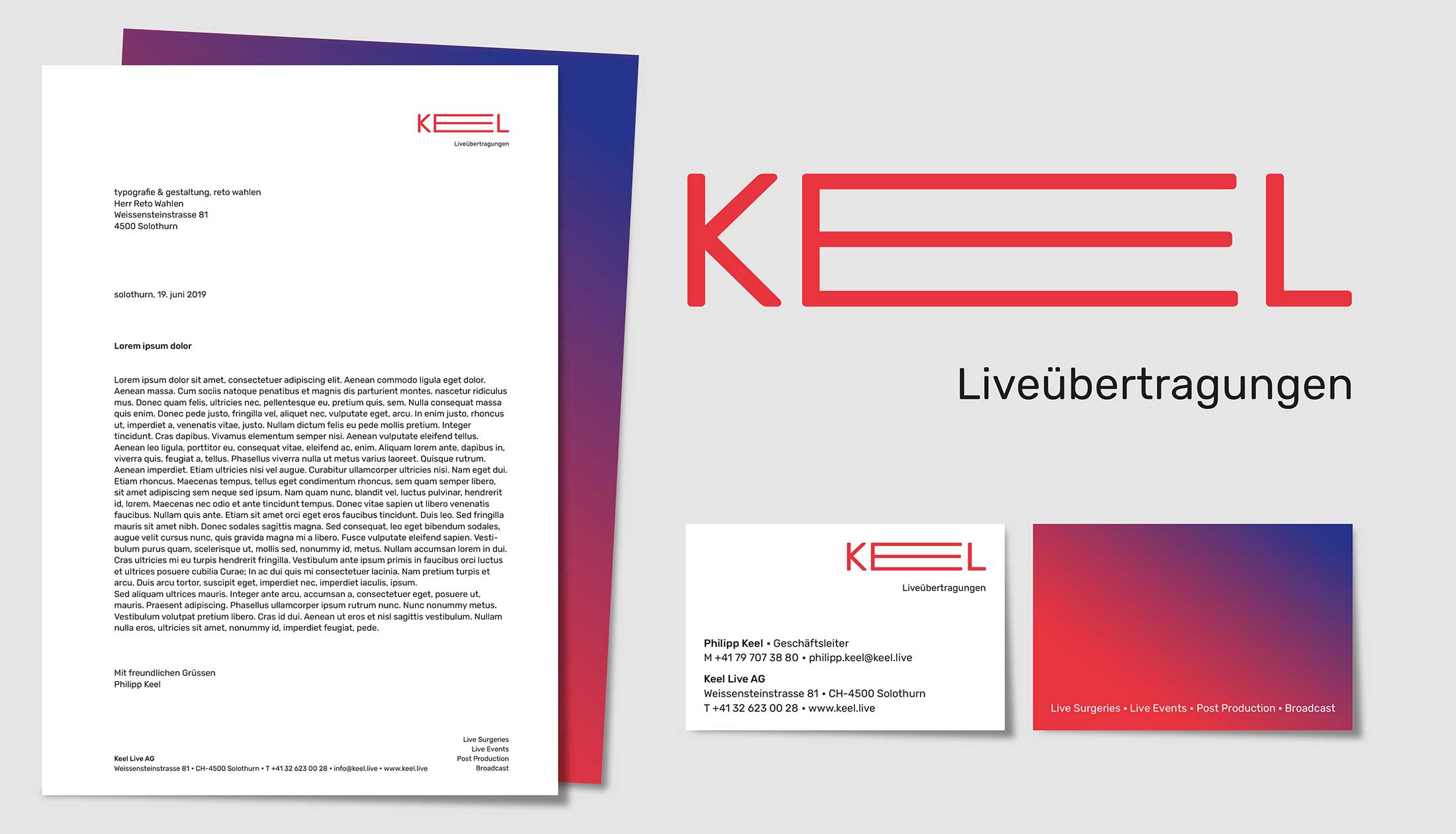 Keel Live AG, Erscheinungsbild, Logo, Visitenkarte, Briefpapier
